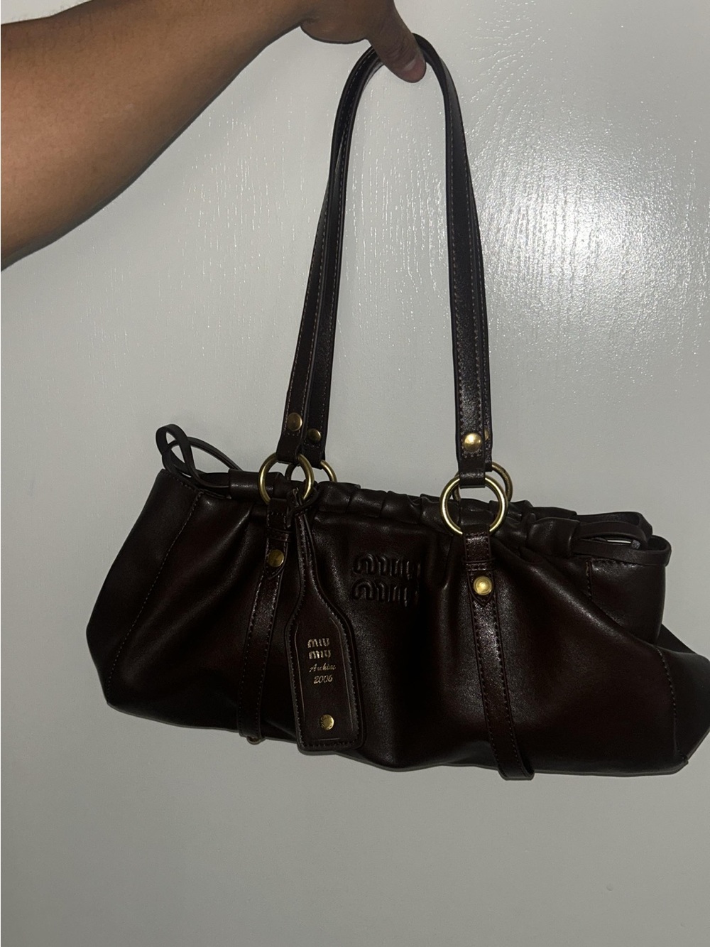 Miu Miu Dark Brown Leather Shoulder Bag with Green Charm - Picture 10 of 10